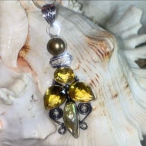Honey Citrine + Biwa Pearl Handmade vintage statement multi gem pendant